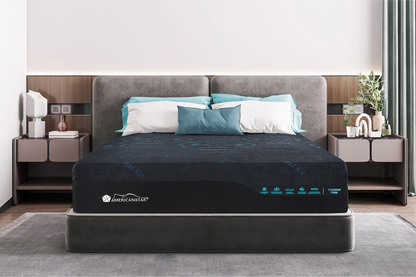 American Star Presidential Ultra mattress, labeled cushion firm, shown on a bed in a modern bedroom