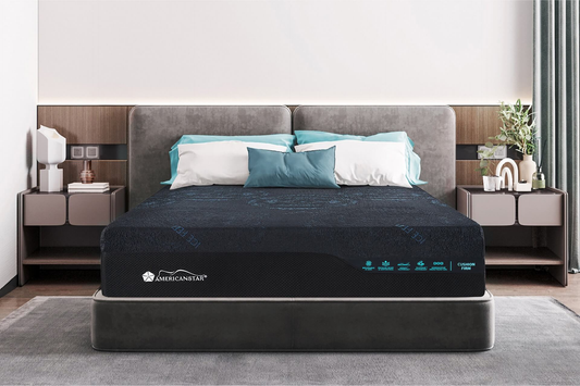 American Star Presidential Ultra mattress, labeled cushion firm, shown on a bed in a modern bedroom